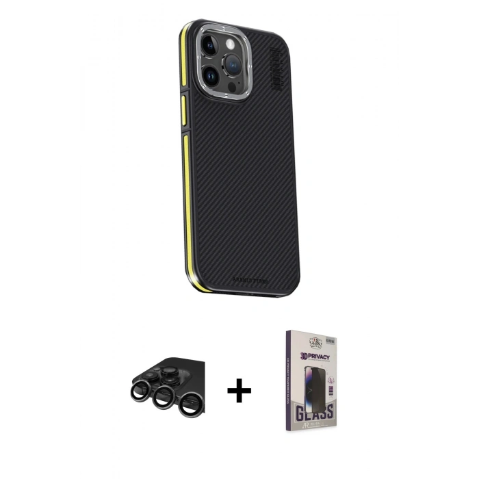 MARSİLYAN™- iPhone 15 Pro Max Kılıf Kıvılcım Modern Özel Seri - Siyah Bilvis Hayalet Cam Ekran Koruyucu + Raze Metal Kamera Lens - TMGI