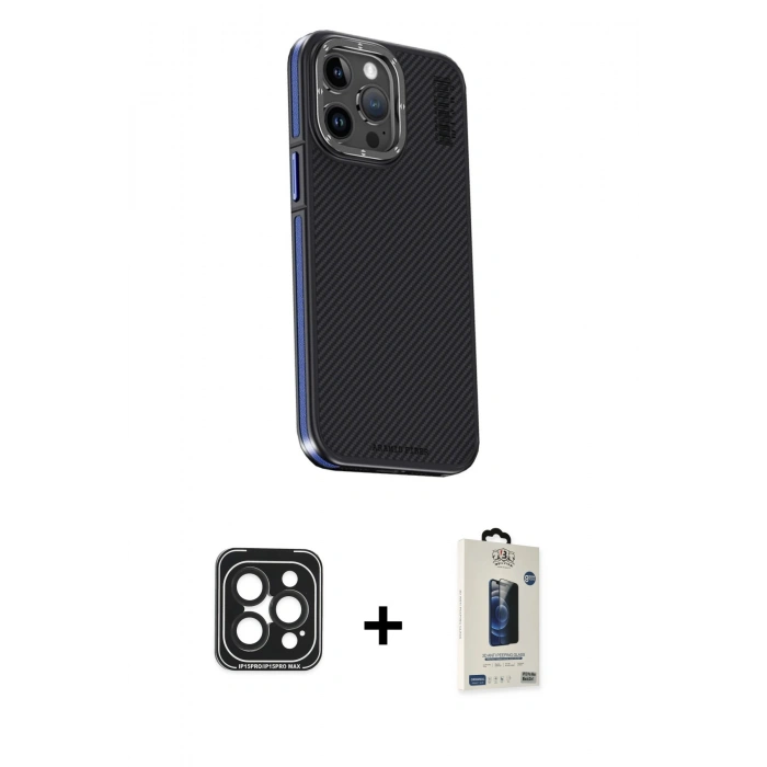 MARSİLYAN™- iPhone 15 Pro Max Kılıf Kıvılcım Modern Özel Seri - Siyah Bilvis Hayalet Cam Ekran Koruyucu + PVD Metal Kamera Lens - SH