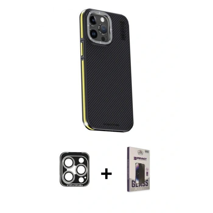 MARSİLYAN™- iPhone 15 Pro Max Kılıf Kıvılcım Modern Özel Seri - Siyah Bilvis Hayalet Cam Ekran Koruyucu + PVD Metal Kamera Lens - GS