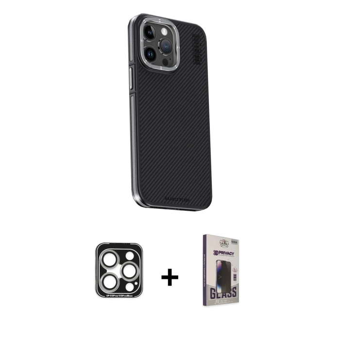 MARSİLYAN™- iPhone 15 Pro Max Kılıf Kıvılcım Modern Özel Seri - Siyah Bilvis Hayalet Cam Ekran Koruyucu + PVD Metal Kamera Lens - GS