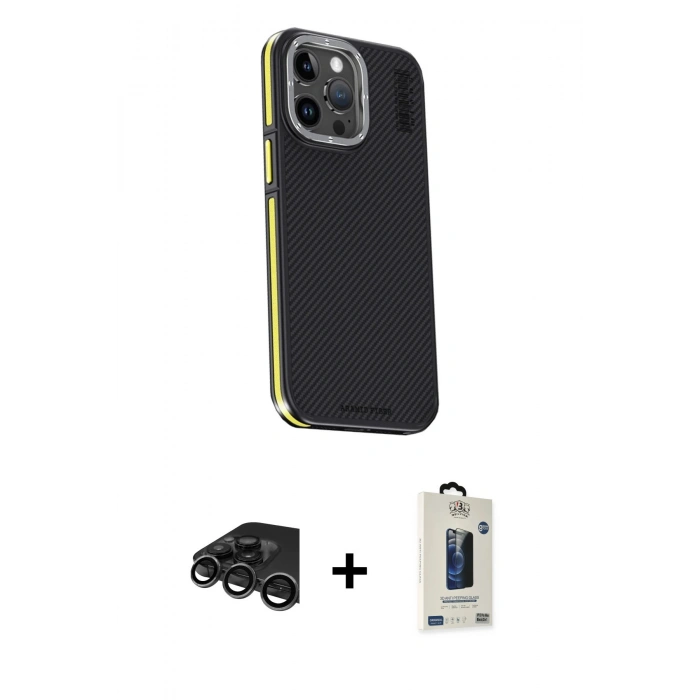 MARSİLYAN™- iPhone 15 Pro Max Kılıf Kıvılcım Modern Özel Seri - Siyah Bilvis Hayalet Cam Ekran Koruyucu + Titanyum Gri Raze Metal Kamera Lens