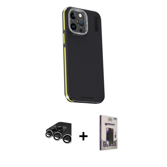 MARSİLYAN™- iPhone 15 Pro Max Kılıf Kıvılcım Modern Özel Seri - Siyah Bilvis Hayalet Cam Ekran Koruyucu + Raze Metal Kamera Lens - GS