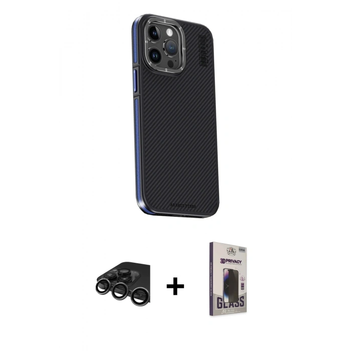MARSİLYAN™- iPhone 15 Pro Max Kılıf Kıvılcım Modern Özel Seri - Siyah Bilvis Hayalet Cam Ekran Koruyucu + Raze Metal Kamera Lens - TMGI