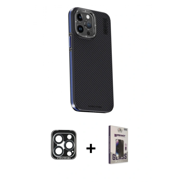 MARSİLYAN™- iPhone 15 Pro Max Kılıf Kıvılcım Modern Özel Seri - Siyah Bilvis Hayalet Cam Ekran Koruyucu + PVD Metal Kamera Lens - LT