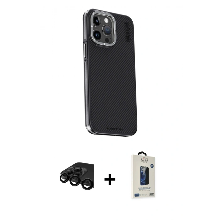 MARSİLYAN™- iPhone 15 Pro Max Kılıf Kıvılcım Modern Özel Seri - Siyah Bilvis Hayalet Cam Ekran Koruyucu + Raze Metal Kamera Lens - SH