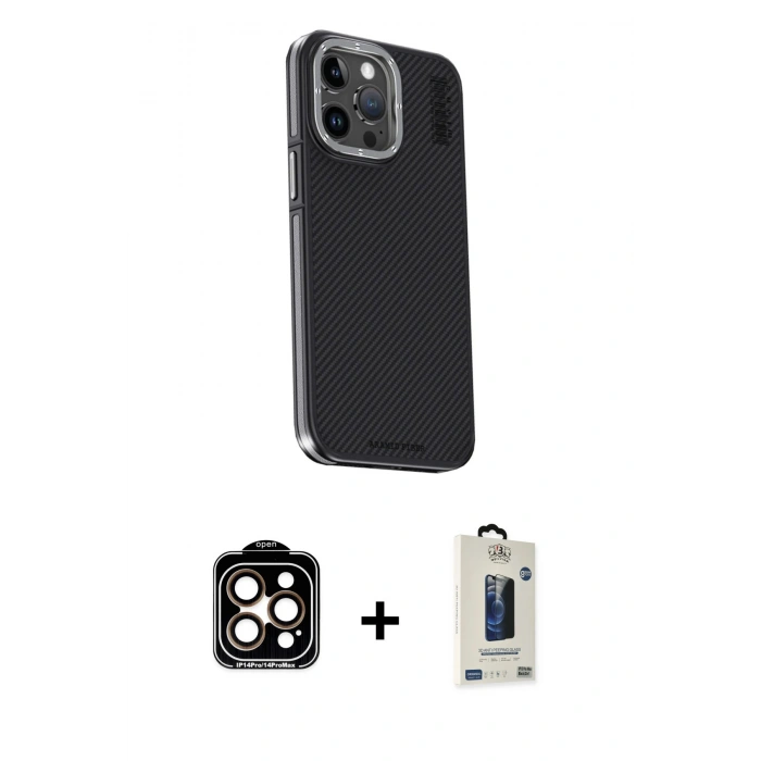 MARSİLYAN™- iPhone 15 Pro Max Kılıf Kıvılcım Modern Özel Seri - Siyah Bilvis Hayalet Cam Ekran Koruyucu + Turuncu PVD Metal Kamera Lens
