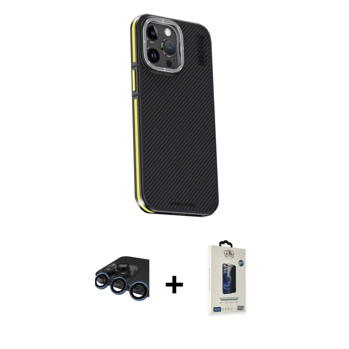 MARSİLYAN™- iPhone 15 Pro Max Kılıf Kıvılcım Modern Özel Seri - Siyah Bilvis Hayalet Cam Ekran Koruyucu + Lacivert Raze Metal Kamera Lens
