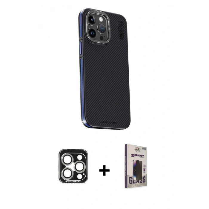 MARSİLYAN™- iPhone 15 Pro Max Kılıf Kıvılcım Modern Özel Seri - Siyah Bilvis Hayalet Cam Ekran Koruyucu + PVD Metal Kamera Lens - GS