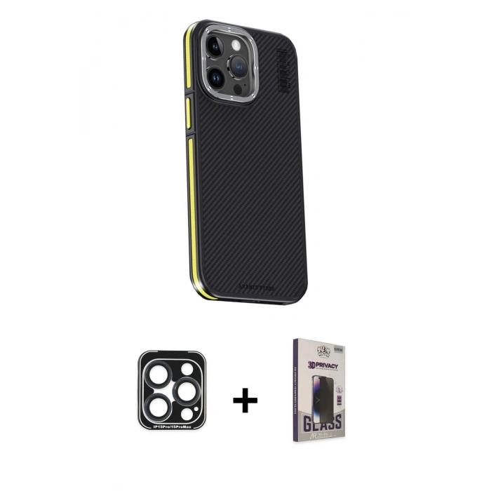 MARSİLYAN™- iPhone 15 Pro Max Kılıf Kıvılcım Modern Özel Seri - Siyah Bilvis Hayalet Cam Ekran Koruyucu + PVD Metal Kamera Lens - LT