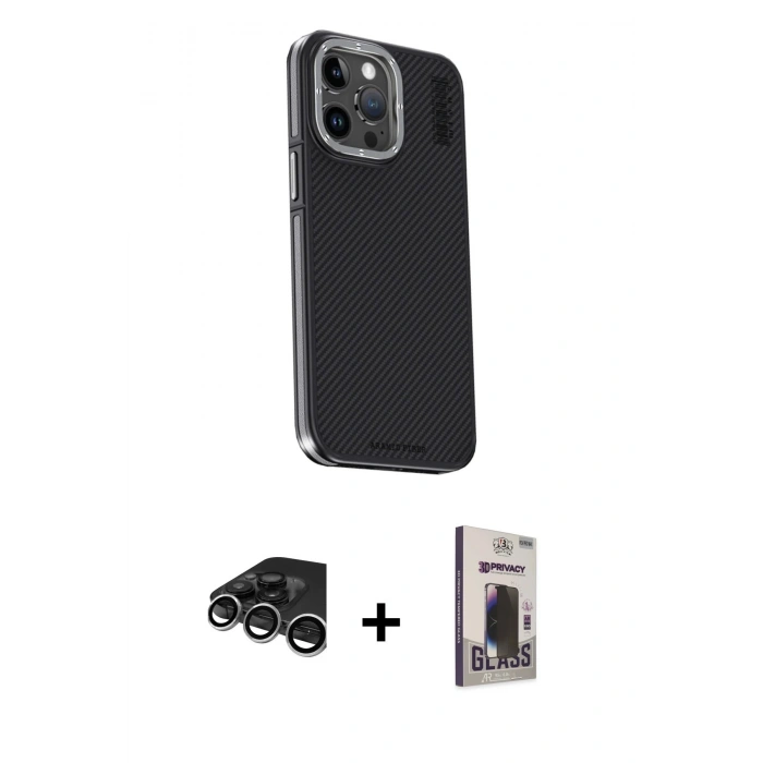 MARSİLYAN™- iPhone 15 Pro Max Kılıf Kıvılcım Modern Özel Seri - Siyah Bilvis Hayalet Cam Ekran Koruyucu + Raze Metal Kamera Lens - GS