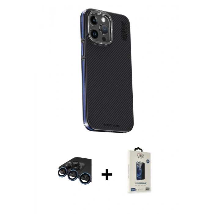 MARSİLYAN™- iPhone 15 Pro Max Kılıf Kıvılcım Modern Özel Seri - Siyah Bilvis Hayalet Cam Ekran Koruyucu + Lacivert Raze Metal Kamera Lens