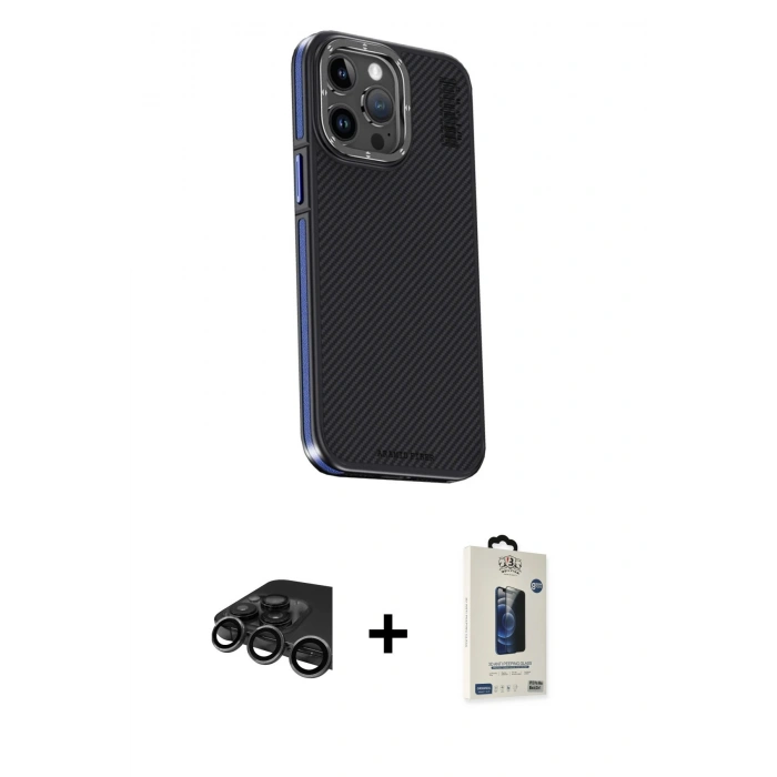 MARSİLYAN™- iPhone 15 Pro Max Kılıf Kıvılcım Modern Özel Seri - Siyah Bilvis Hayalet Cam Ekran Koruyucu + Titanyum Gri Raze Metal Kamera Lens