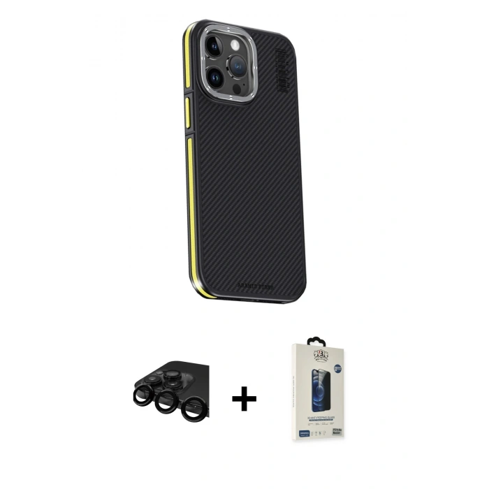 MARSİLYAN™- iPhone 15 Pro Max Kılıf Kıvılcım Modern Özel Seri - Siyah Bilvis Hayalet Cam Ekran Koruyucu + Raze Metal Kamera Lens - SH