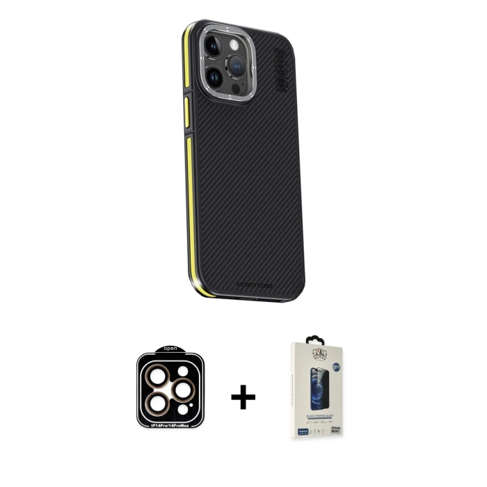 MARSİLYAN™- iPhone 15 Pro Max Kılıf Kıvılcım Modern Özel Seri - Siyah Bilvis Hayalet Cam Ekran Koruyucu + Turuncu PVD Metal Kamera Lens