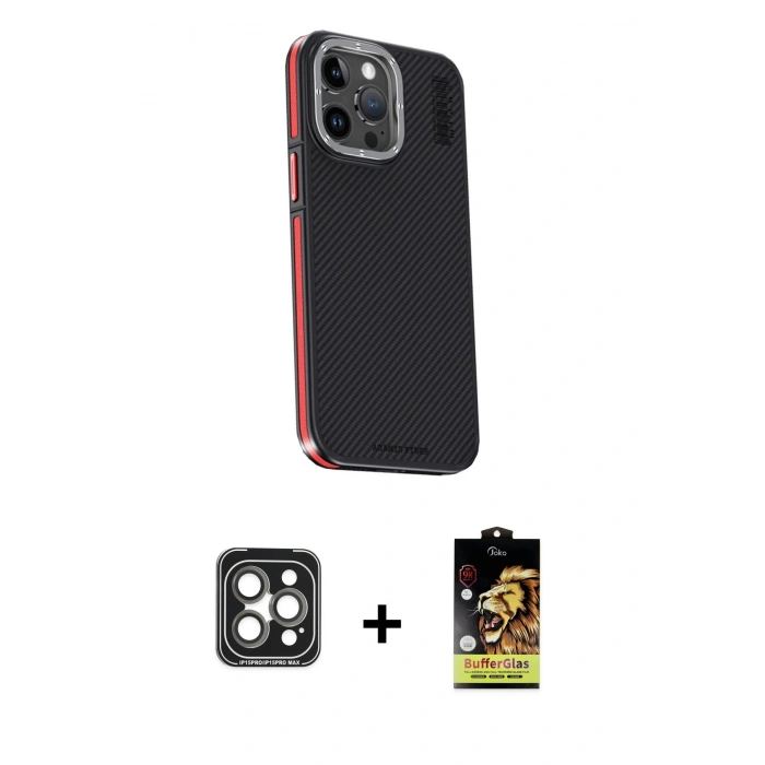 MARSİLYAN™- iPhone 15 Pro Max Kılıf Kıvılcım Modern Özel Seri - Siyah Buffer Cam Ekran Koruyucu + PVD Metal Kamera Lens - GI