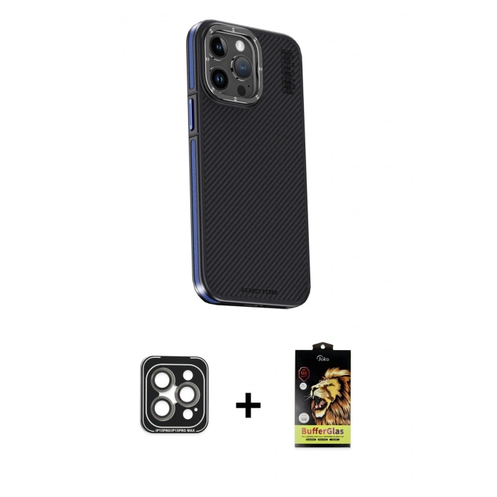 MARSİLYAN™- iPhone 15 Pro Max Kılıf Kıvılcım Modern Özel Seri - Siyah Buffer Cam Ekran Koruyucu + PVD Metal Kamera Lens - GI