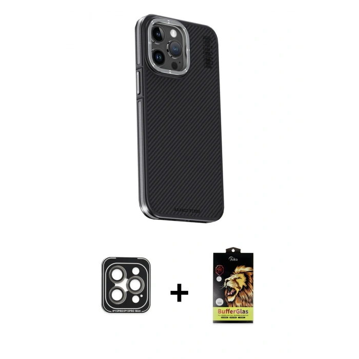 MARSİLYAN™- iPhone 15 Pro Max Kılıf Kıvılcım Modern Özel Seri - Siyah Buffer Cam Ekran Koruyucu + PVD Metal Kamera Lens - GI