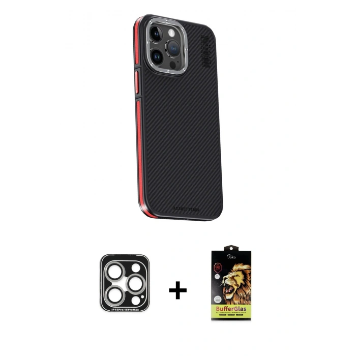MARSİLYAN™- iPhone 15 Pro Max Kılıf Kıvılcım Modern Özel Seri - Siyah Buffer Cam Ekran Koruyucu + PVD Metal Kamera Lens - GS