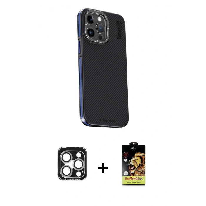 MARSİLYAN™- iPhone 15 Pro Max Kılıf Kıvılcım Modern Özel Seri - Siyah Buffer Cam Ekran Koruyucu + PVD Metal Kamera Lens - GS