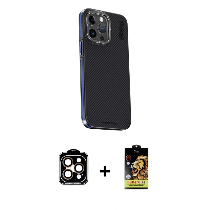 MARSİLYAN™- iPhone 15 Pro Max Kılıf Kıvılcım Modern Özel Seri - Siyah Buffer Cam Ekran Koruyucu + PVD Metal Kamera Lens - TU