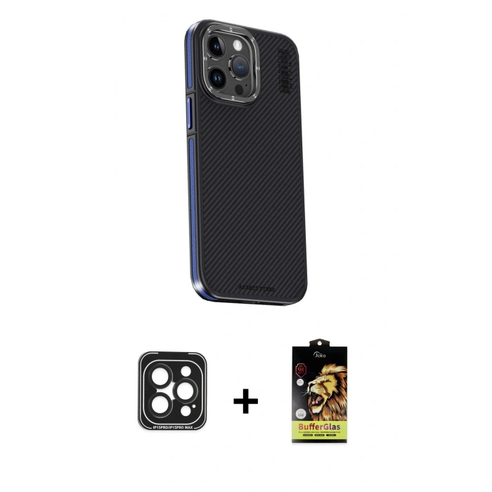 MARSİLYAN™- iPhone 15 Pro Max Kılıf Kıvılcım Modern Özel Seri - Siyah Buffer Cam Ekran Koruyucu + PVD Metal Kamera Lens - SH