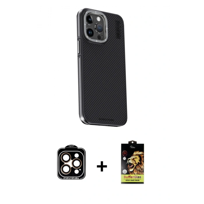 MARSİLYAN™- iPhone 15 Pro Max Kılıf Kıvılcım Modern Özel Seri - Siyah Buffer Cam Ekran Koruyucu + PVD Metal Kamera Lens - TU