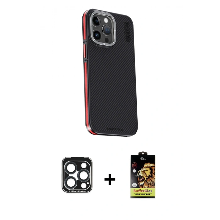 MARSİLYAN™- iPhone 15 Pro Max Kılıf Kıvılcım Modern Özel Seri - Siyah Buffer Cam Ekran Koruyucu + PVD Metal Kamera Lens - LT