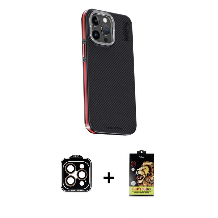 MARSİLYAN™- iPhone 15 Pro Max Kılıf Kıvılcım Modern Özel Seri - Siyah Buffer Cam Ekran Koruyucu + PVD Metal Kamera Lens - TU