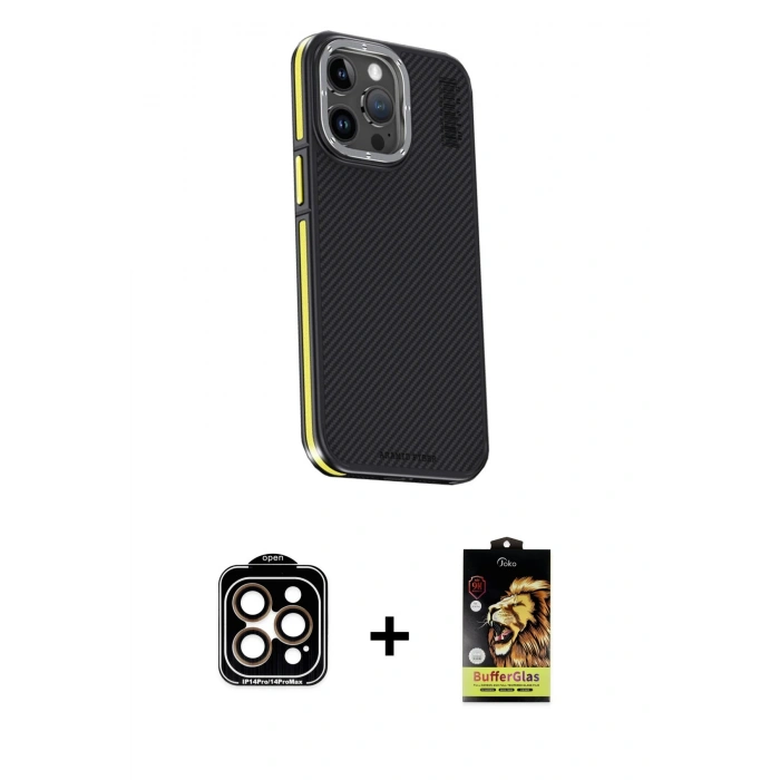MARSİLYAN™- iPhone 15 Pro Max Kılıf Kıvılcım Modern Özel Seri - Siyah Buffer Cam Ekran Koruyucu + PVD Metal Kamera Lens - TU
