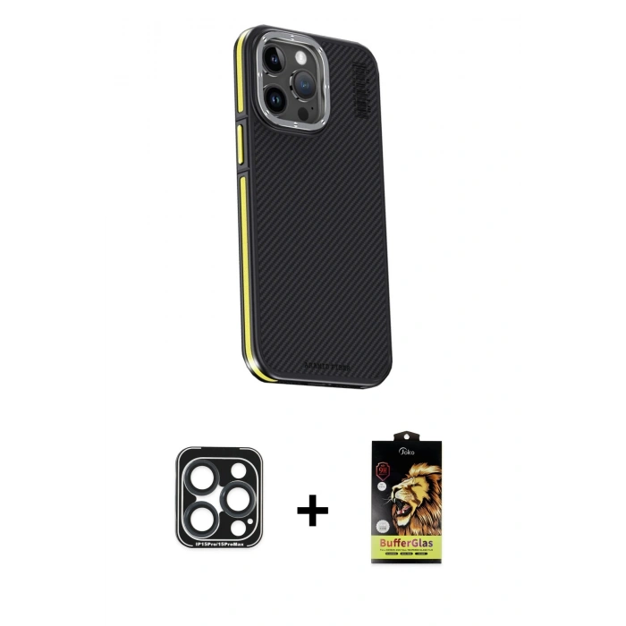 MARSİLYAN™- iPhone 15 Pro Max Kılıf Kıvılcım Modern Özel Seri - Siyah Buffer Cam Ekran Koruyucu + PVD Metal Kamera Lens - LT