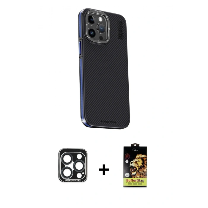 MARSİLYAN™- iPhone 15 Pro Max Kılıf Kıvılcım Modern Özel Seri - Siyah Buffer Cam Ekran Koruyucu + PVD Metal Kamera Lens - LT