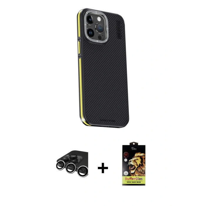 MARSİLYAN™- iPhone 15 Pro Max Kılıf Kıvılcım Modern Özel Seri - Siyah Buffer Cam Ekran Koruyucu + Raze Metal Kamera Lens - GS