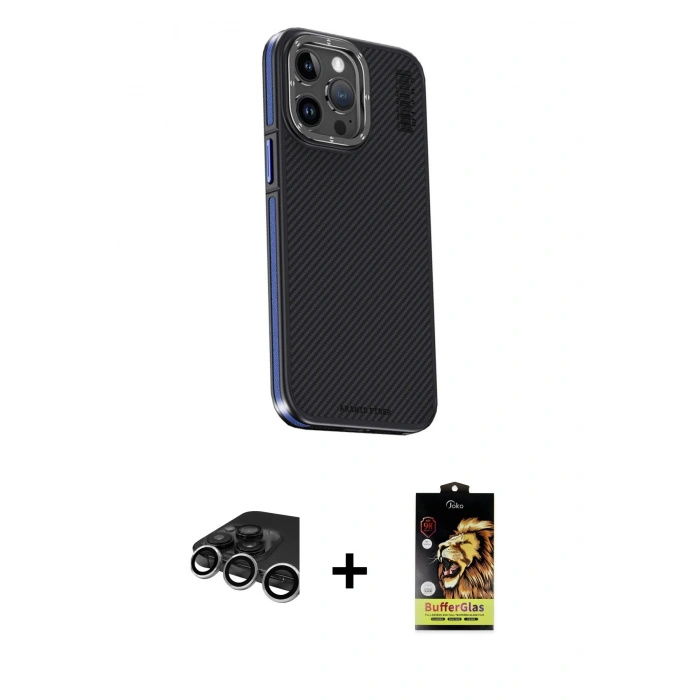 MARSİLYAN™- iPhone 15 Pro Max Kılıf Kıvılcım Modern Özel Seri - Siyah Buffer Cam Ekran Koruyucu + Raze Metal Kamera Lens - GS