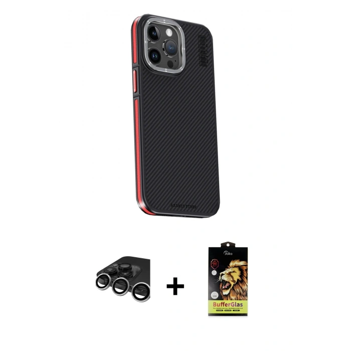 MARSİLYAN™- iPhone 15 Pro Max Kılıf Kıvılcım Modern Özel Seri - Siyah Buffer Cam Ekran Koruyucu + Raze Metal Kamera Lens - GS