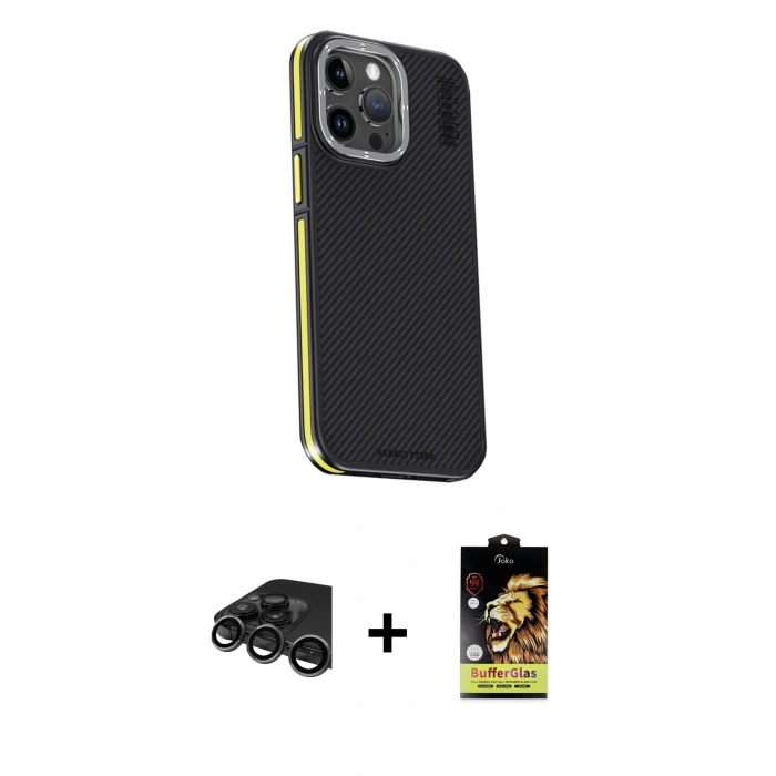 MARSİLYAN™- iPhone 15 Pro Max Kılıf Kıvılcım Modern Özel Seri - Siyah Buffer Cam Ekran Koruyucu + Raze Metal Kamera Lens - TMGI