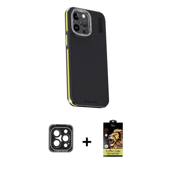 MARSİLYAN™- iPhone 15 Pro Max Kılıf Kıvılcım Modern Özel Seri - Siyah Buffer Cam Ekran Koruyucu + Siyah PVD Metal Kamera Lens