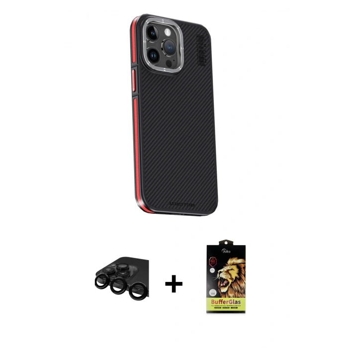 MARSİLYAN™- iPhone 15 Pro Max Kılıf Kıvılcım Modern Özel Seri - Siyah Buffer Cam Ekran Koruyucu + Raze Metal Kamera Lens - SH