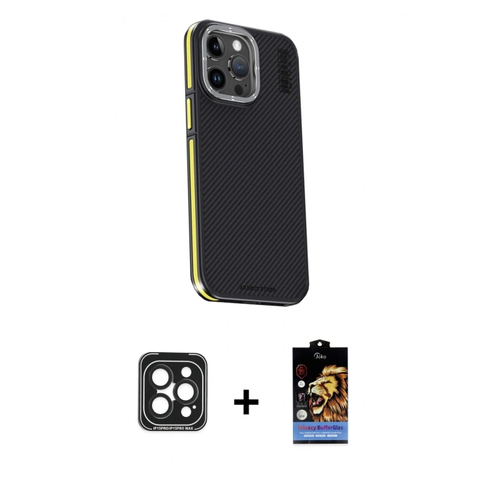 MARSİLYAN™- iPhone 15 Pro Max Kılıf Kıvılcım Modern Özel Seri - Siyah Buffer Hayalet Cam Ekran Koruyucu + PVD Metal Kamera Lens - SH
