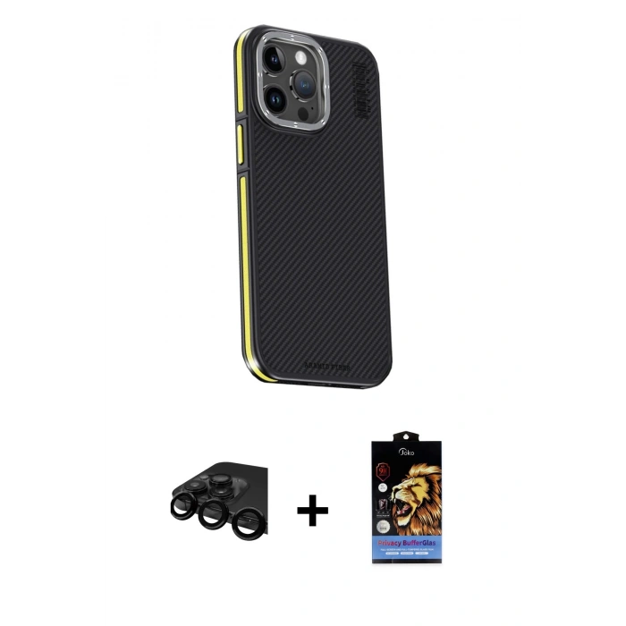 MARSİLYAN™- iPhone 15 Pro Max Kılıf Kıvılcım Modern Özel Seri - Siyah Buffer Hayalet Cam Ekran Koruyucu + Raze Metal Kamera Lens - SH