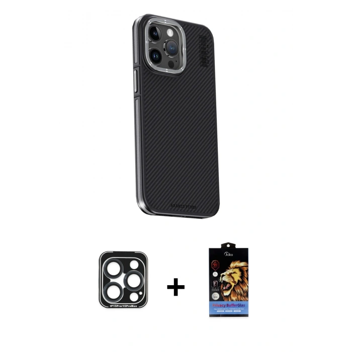 MARSİLYAN™- iPhone 15 Pro Max Kılıf Kıvılcım Modern Özel Seri - Siyah Buffer Hayalet Cam Ekran Koruyucu + PVD Metal Kamera Lens - LT