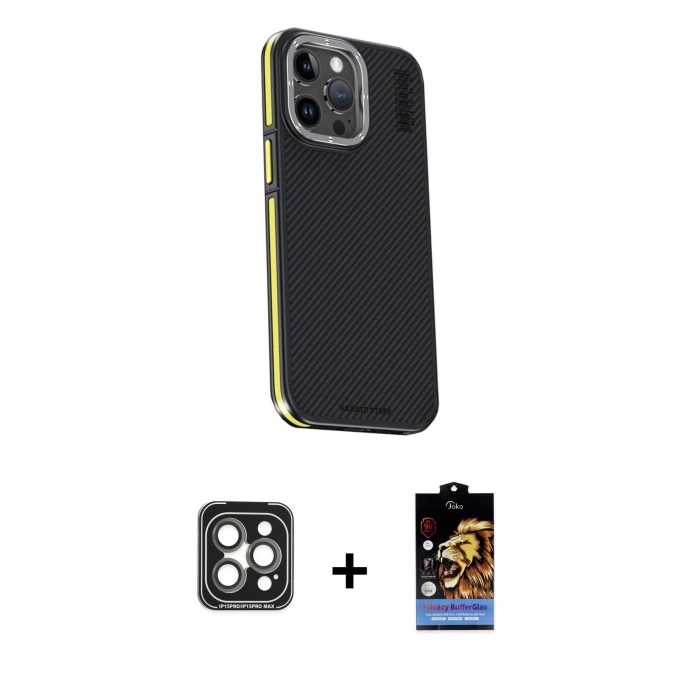 MARSİLYAN™- iPhone 15 Pro Max Kılıf Kıvılcım Modern Özel Seri - Siyah Buffer Hayalet Cam Ekran Koruyucu + PVD Metal Kamera Lens - GI