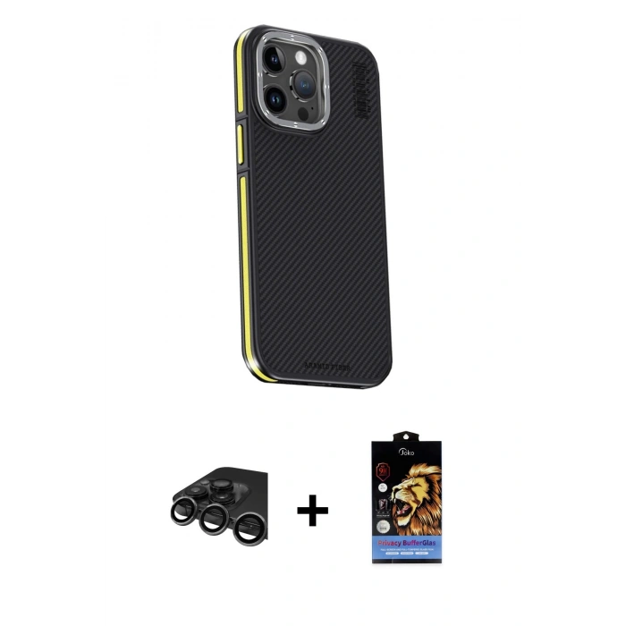 MARSİLYAN™- iPhone 15 Pro Max Kılıf Kıvılcım Modern Özel Seri - Siyah Buffer Hayalet Cam Ekran Koruyucu + Raze Metal Kamera Lens - TMGI