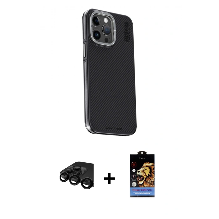 MARSİLYAN™- iPhone 15 Pro Max Kılıf Kıvılcım Modern Özel Seri - Siyah Buffer Hayalet Cam Ekran Koruyucu + Raze Metal Kamera Lens - SH