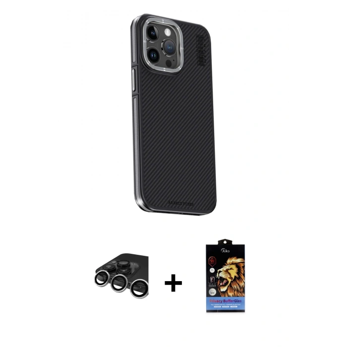 MARSİLYAN™- iPhone 15 Pro Max Kılıf Kıvılcım Modern Özel Seri - Siyah Buffer Hayalet Cam Ekran Koruyucu + Raze Metal Kamera Lens - GS
