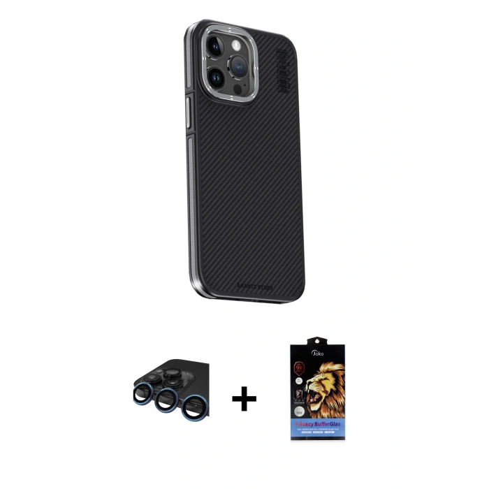 MARSİLYAN™- iPhone 15 Pro Max Kılıf Kıvılcım Modern Özel Seri - Siyah Buffer Hayalet Cam Ekran Koruyucu + Raze Metal Kamera Lens - LT