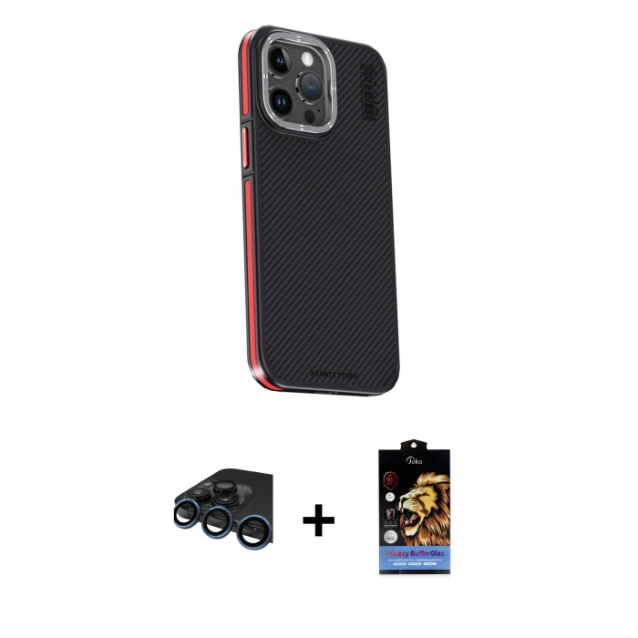 MARSİLYAN™- iPhone 15 Pro Max Kılıf Kıvılcım Modern Özel Seri - Siyah Buffer Hayalet Cam Ekran Koruyucu + Raze Metal Kamera Lens - LT
