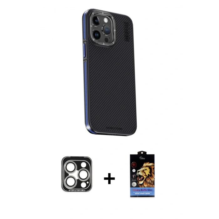 MARSİLYAN™- iPhone 15 Pro Max Kılıf Kıvılcım Modern Özel Seri - Siyah Buffer Hayalet Cam Ekran Koruyucu + Gümüş PVD Metal Kamera Lens