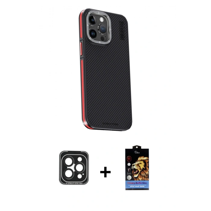 MARSİLYAN™- iPhone 15 Pro Max Kılıf Kıvılcım Modern Özel Seri - Siyah Buffer Hayalet Cam Ekran Koruyucu + PVD Metal Kamera Lens - SH