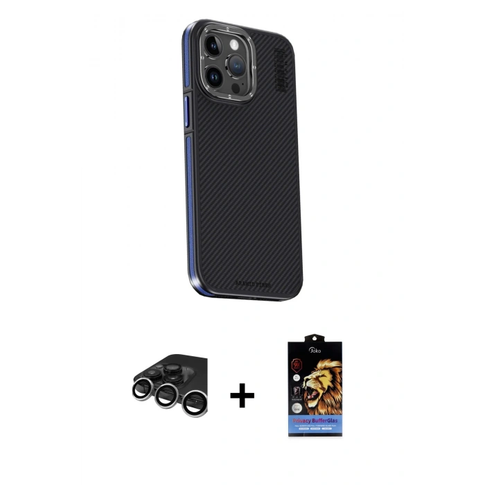 MARSİLYAN™- iPhone 15 Pro Max Kılıf Kıvılcım Modern Özel Seri - Siyah Buffer Hayalet Cam Ekran Koruyucu + Raze Metal Kamera Lens - GS