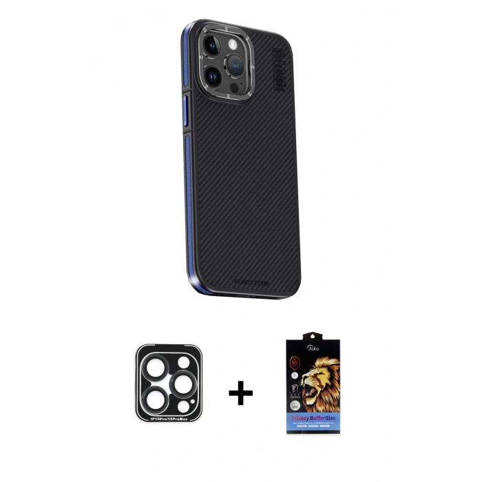 MARSİLYAN™- iPhone 15 Pro Max Kılıf Kıvılcım Modern Özel Seri - Siyah Buffer Hayalet Cam Ekran Koruyucu + PVD Metal Kamera Lens - LT